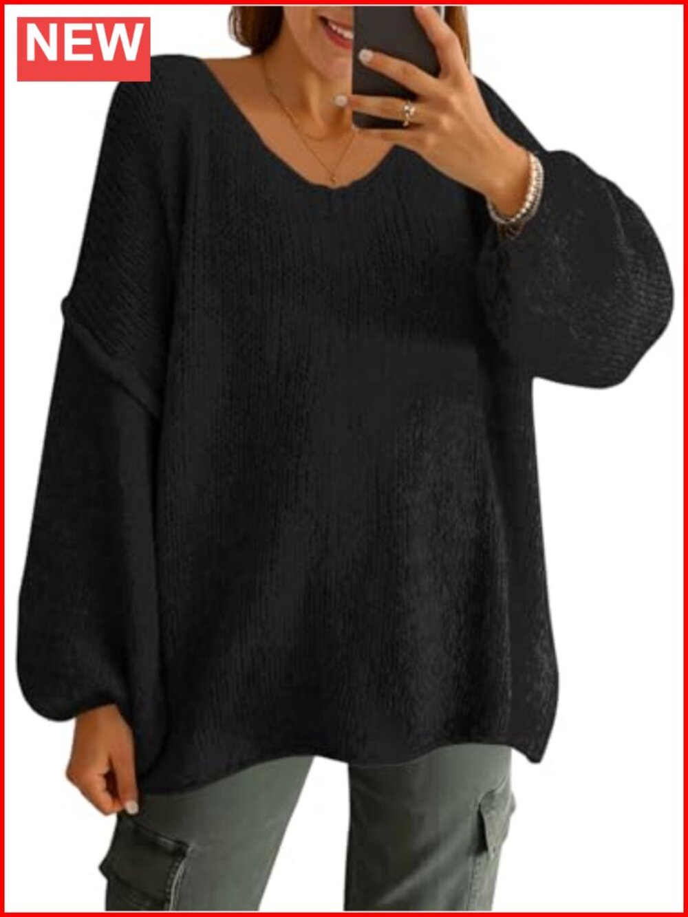 Oversized V Neck Chunky Knit Lantern Sleeve Sweater